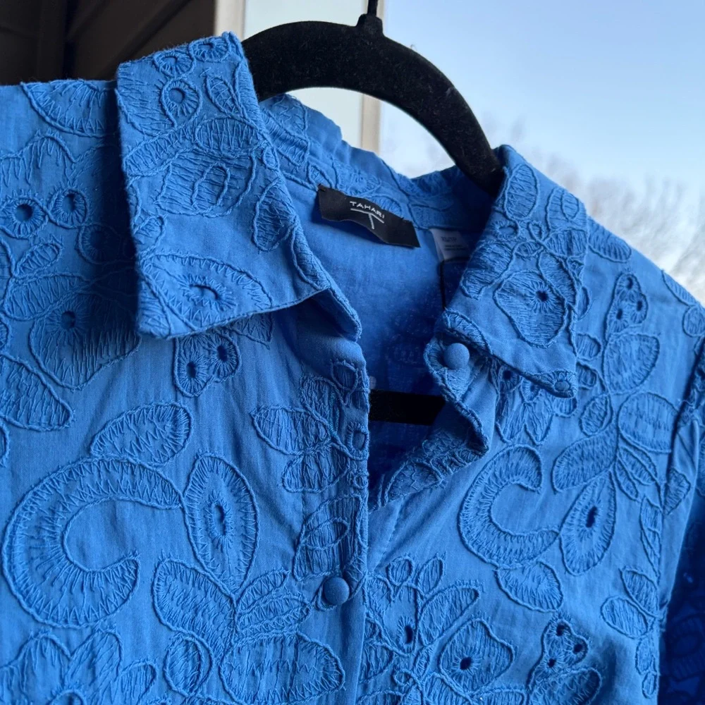 🆕 Tahari Spring Blue Embroidered Shirt Dress XS Belted Button Front Midi Cotton - Picture 8 of 17